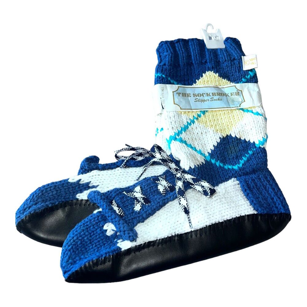 Vtg Nancy Atkins Hall Keresty The Sock Broker Sneaker Look Argyle Slipper Socks
